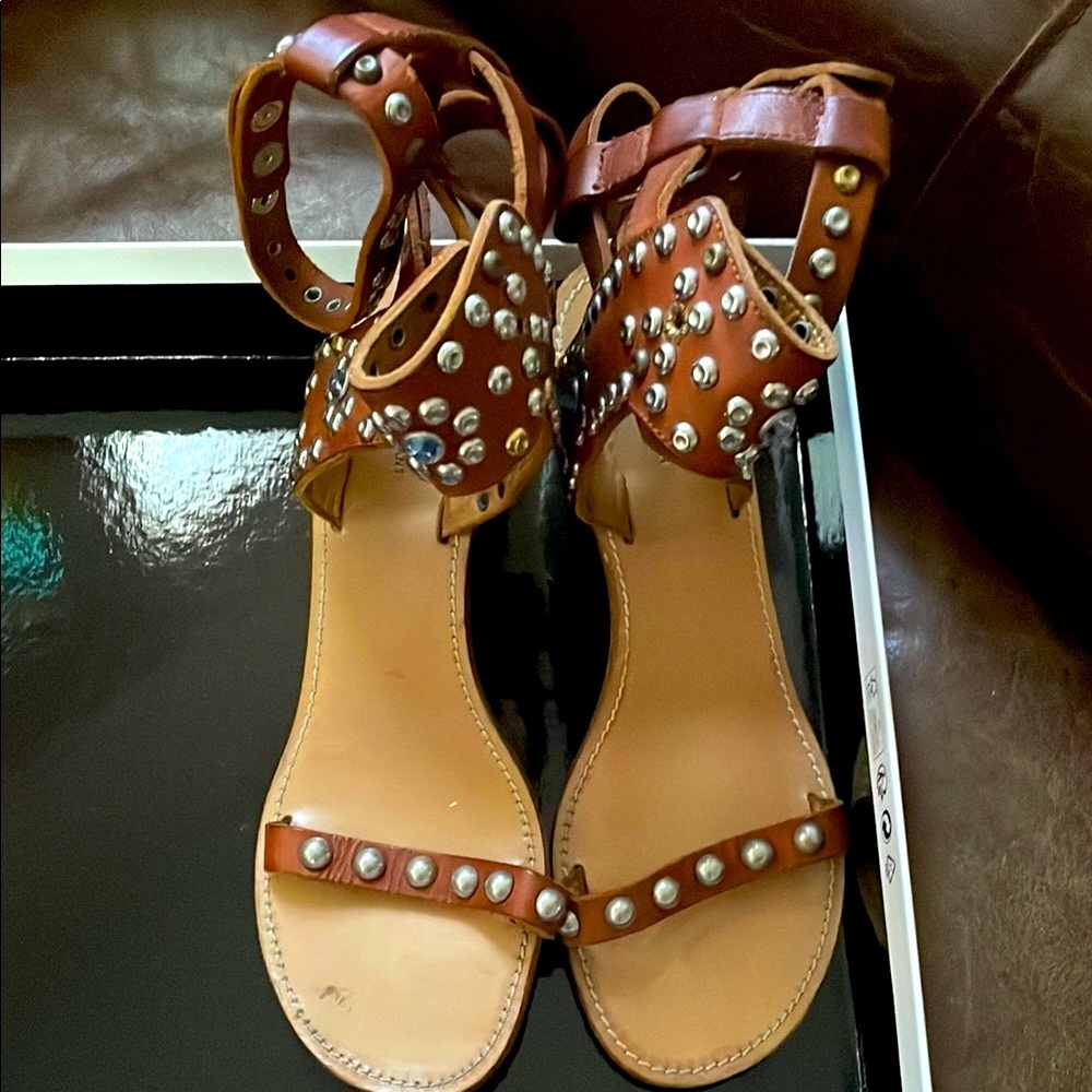 ISABEL MARANT ELVIS Studded Crystal Jeweled Brown Leather Sandals Heels 10 41 - Picture 4 of 8